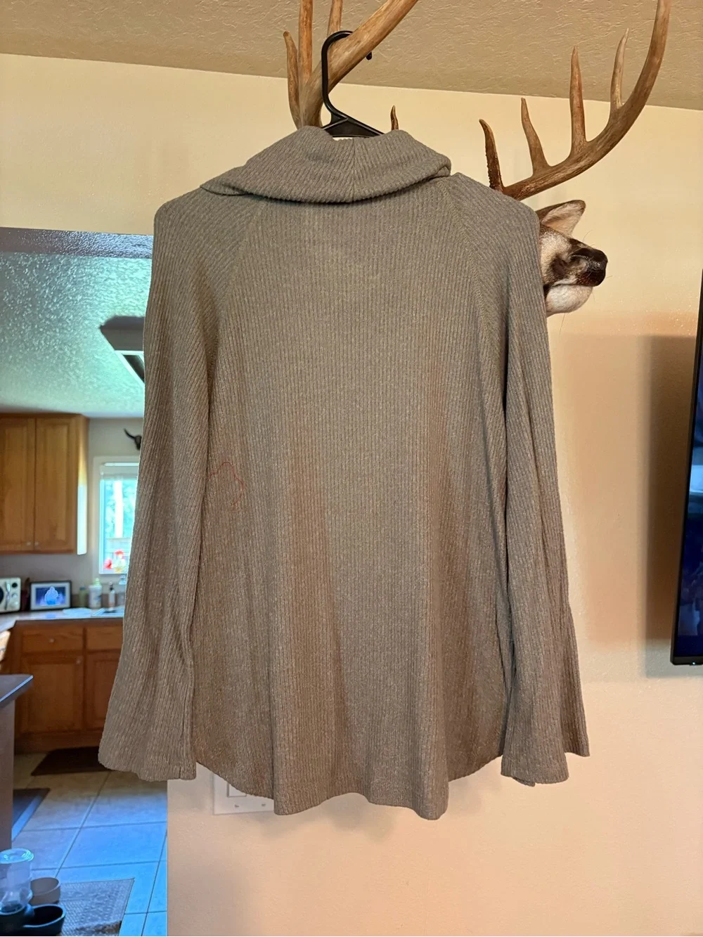 Anthropologie Taupe Ribbed Cowl Neck Sweater